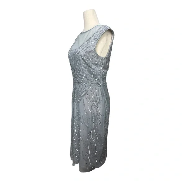 Adrianna Papell Beaded Sheer Midi Cap Sleeve Cocktail Dress in Heather Size 6